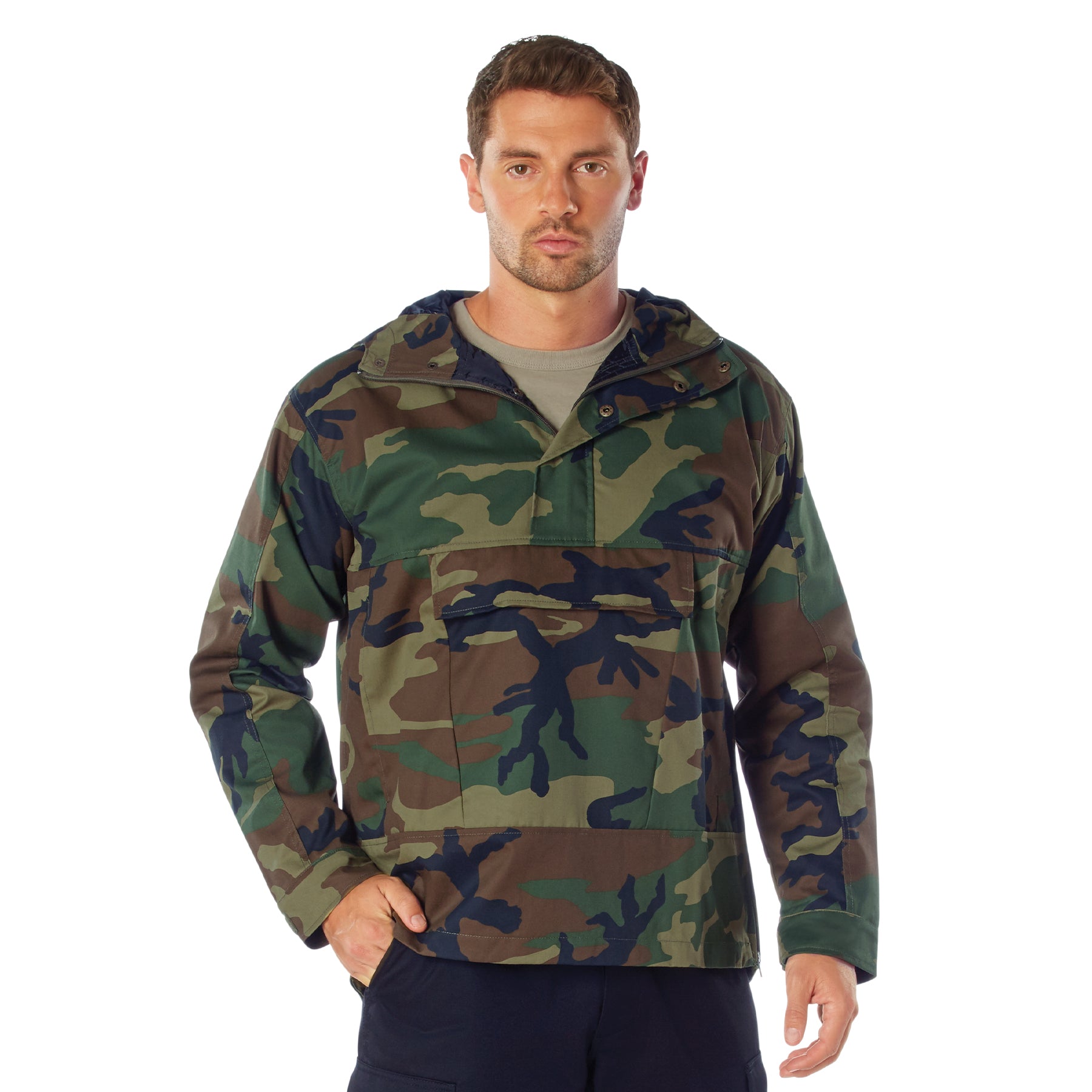 Durable Cotton-Poly Blend Military-Inspired Pull Over Hooded Anorak Parka for Outdoor and Daily Wear